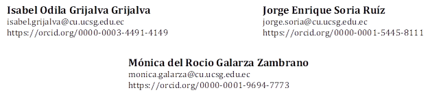 Isabel Odila Grijalva Grijalva
isabel.grijalva@cu.ucsg.edu.ec
https://orcid.org/0000-0003-4491-4149
,Jorge Enrique Soria Ruíz
jorge.soria@cu.ucsg.edu.ec
https://orcid.org/0000-0001-5445-8111
,Mónica del Rocio Galarza Zambrano
monica.galarza@cu.ucsg.edu.ec
https://orcid.org/0000-0001-9694-7773
